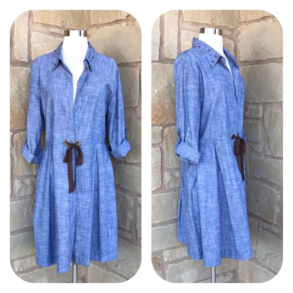 indigo soul Blue Chambray Midi Shirt Dress with Brown Tie